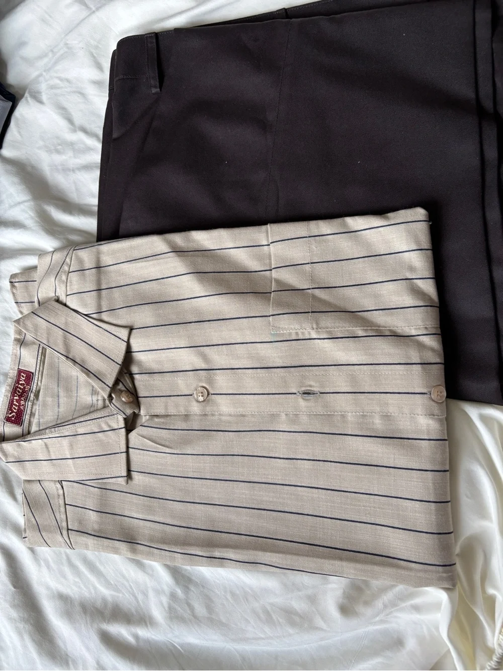 Men’s Sarvaiya Beige Striped Formal Shirt & Brown Dress Pants Set – New NWOT